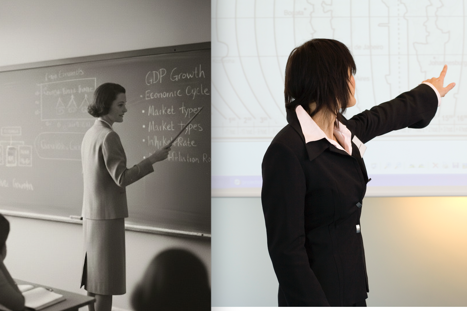 Two women speaking with their backs to the audience